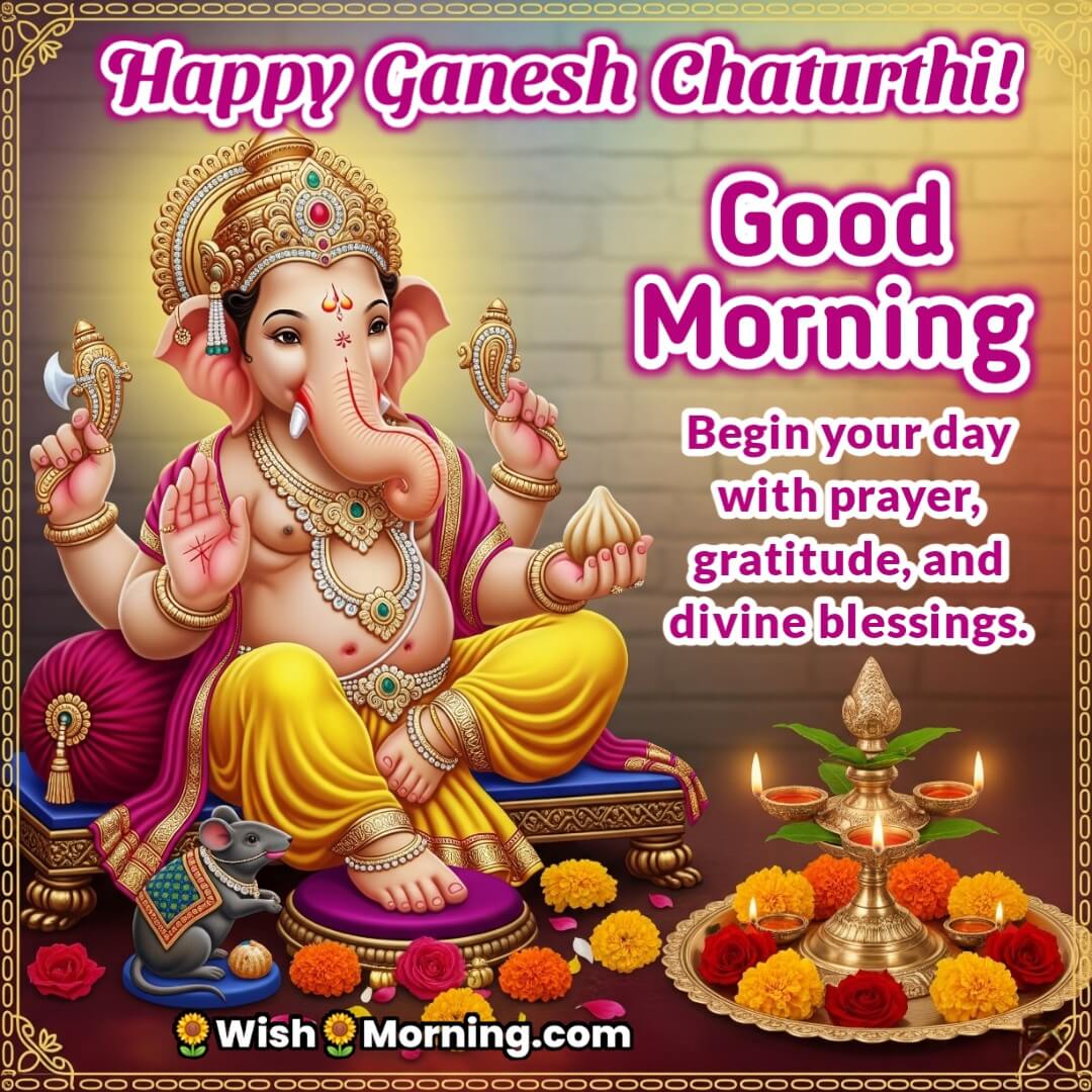 Good Morning Ganesh Chaturthi Image featuring Lord Ganesha with mouse and pooja thali, symbolizing devotion and daily blessings