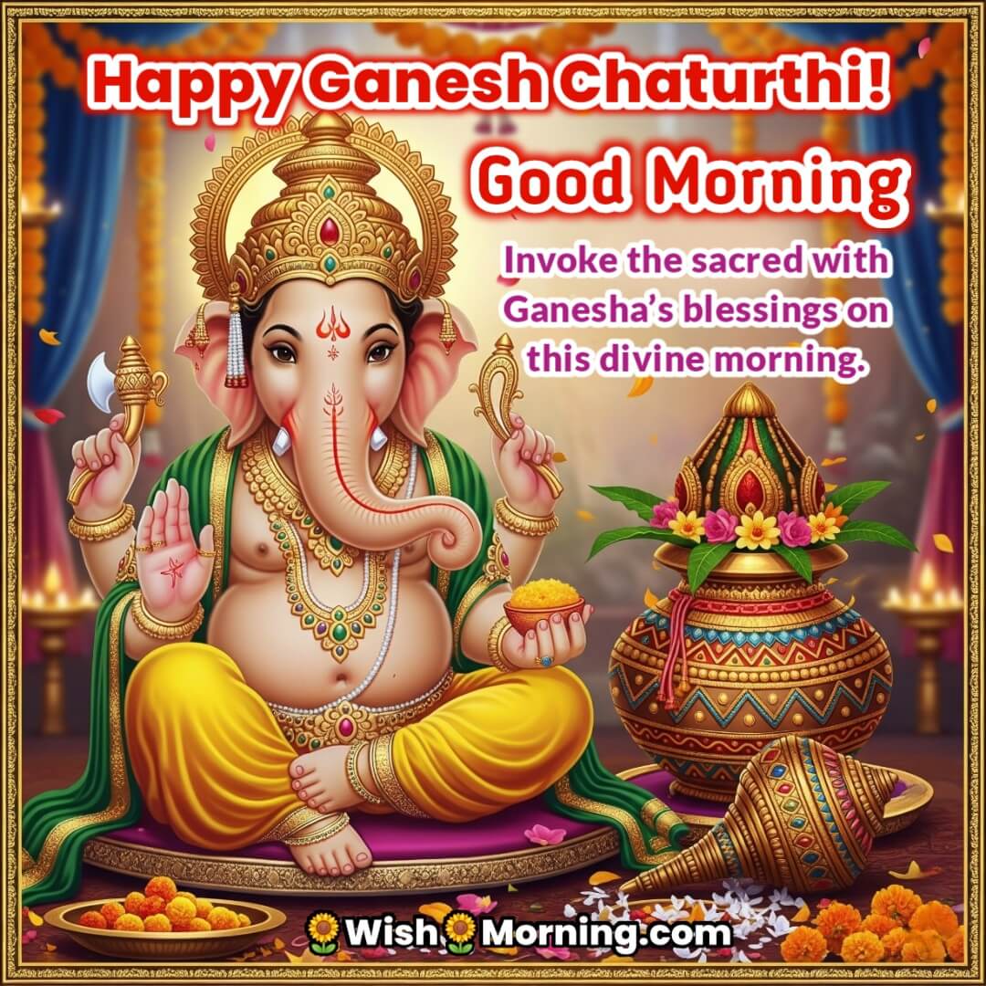 Good Morning Ganesh Chaturthi Image featuring Lord Ganesha with Kalash and Shankh, symbolizing sacred ritual blessings