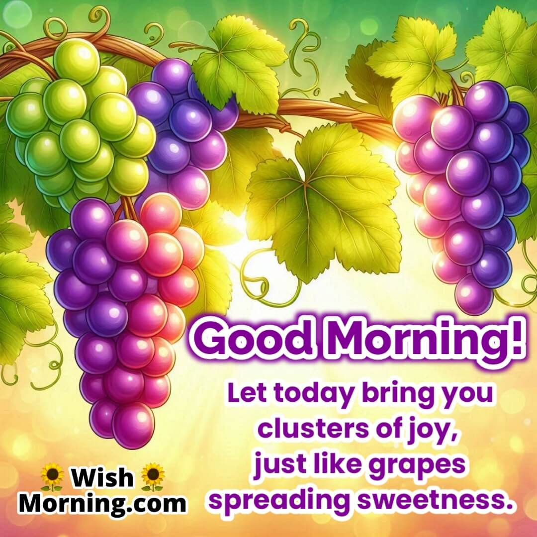 Good Morning Grapes Image – bunch of purple and green grapes glowing in morning light, symbol of togetherness and joyful clusters.