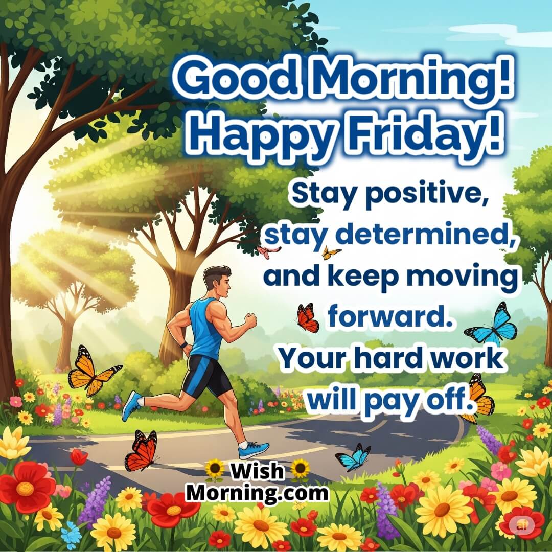 Good Morning Happy Friday image of a runner jogging on a flower-lined park path with trees, butterflies, and bright sun rays — symbolizing positivity, determination, and progress.