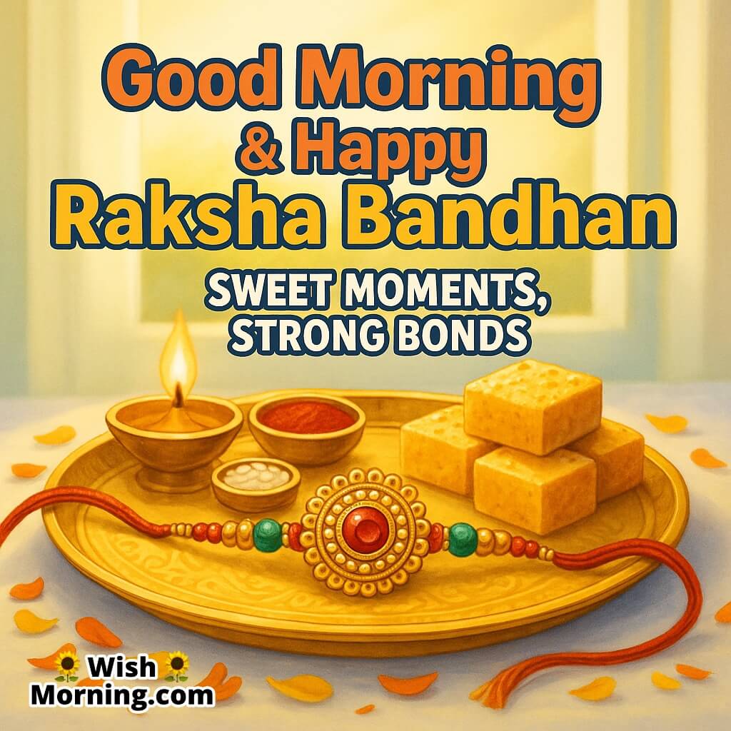 Good Morning Happy Raksha Bandhan image featuring a decorative rakhi with sweets and marigold petals in morning light, symbolizing sweetness and strong sibling bonds