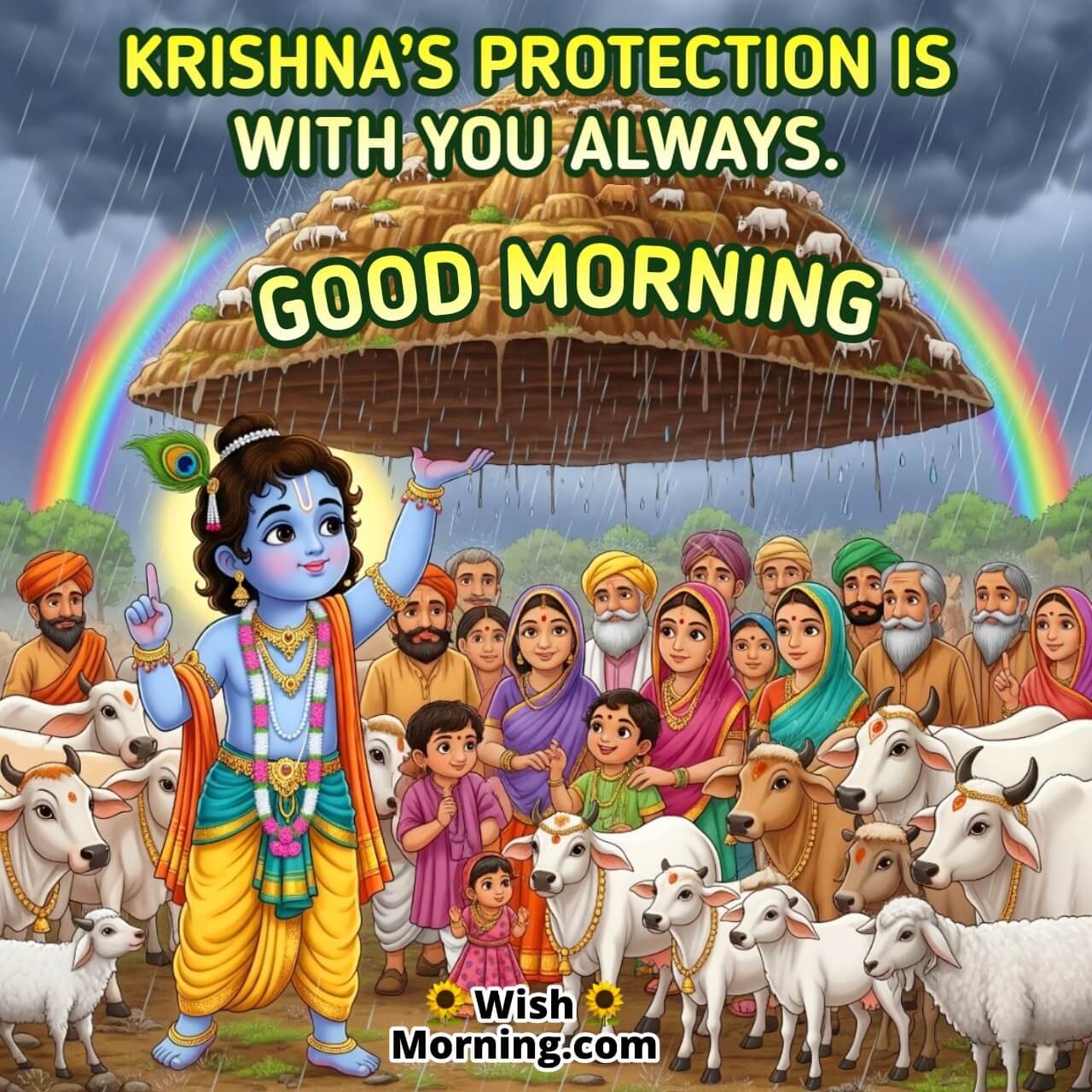 Good Morning Krishna Janmashtami image featuring Krishna lifting Govardhan hill with villagers, symbolizing divine protection