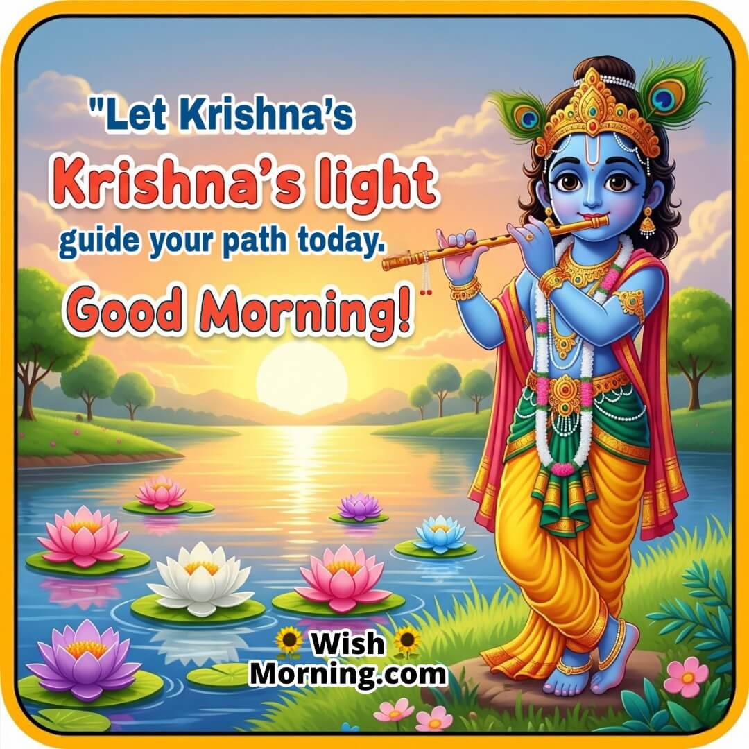 Good Morning Krishna Janmashtami image featuring Krishna on a riverbank with flute and sunrise, symbolizing guidance and spiritual awakening
