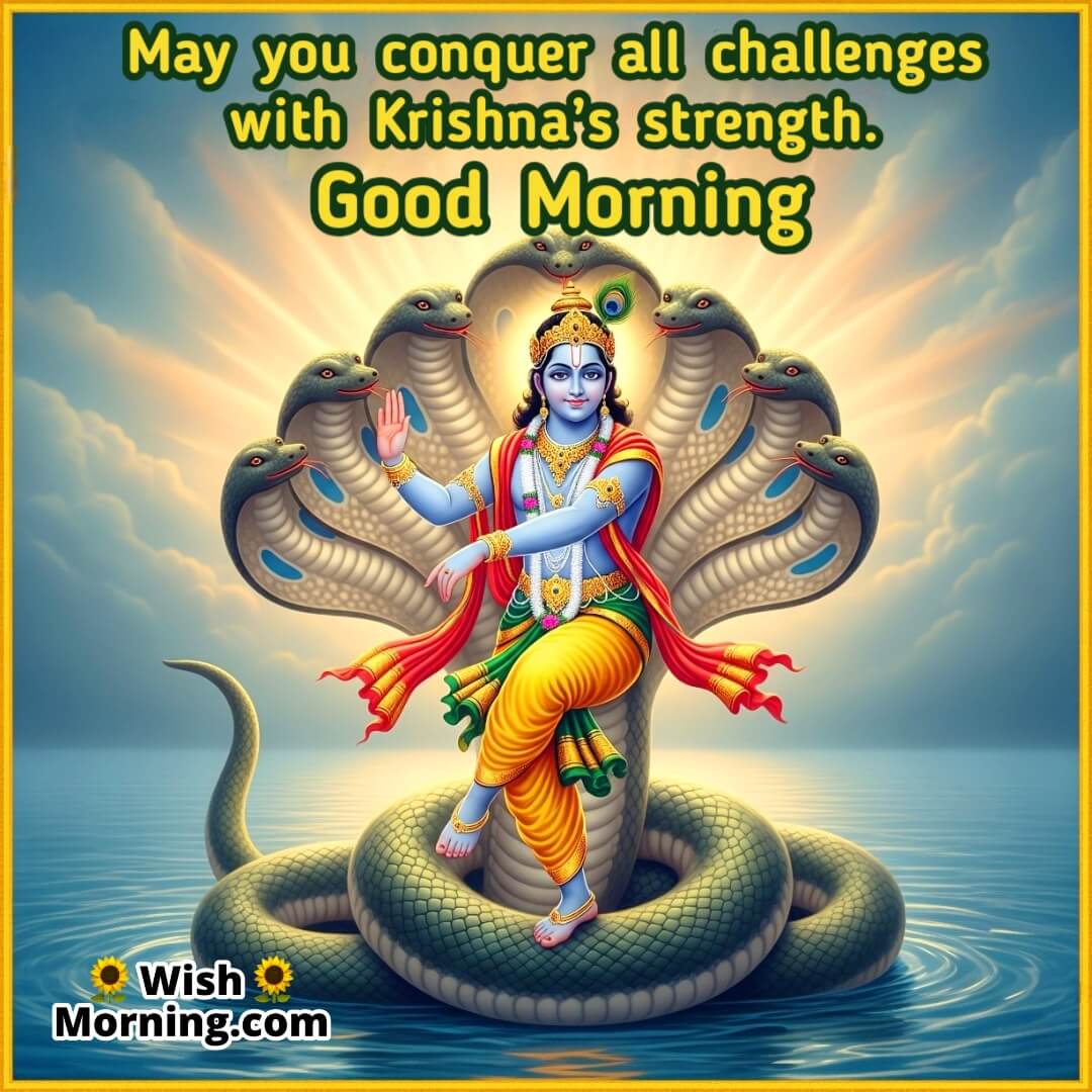 Good Morning Krishna Janmashtami image featuring Krishna dancing on Kaliya Naag with divine glow, symbolizing strength and protection