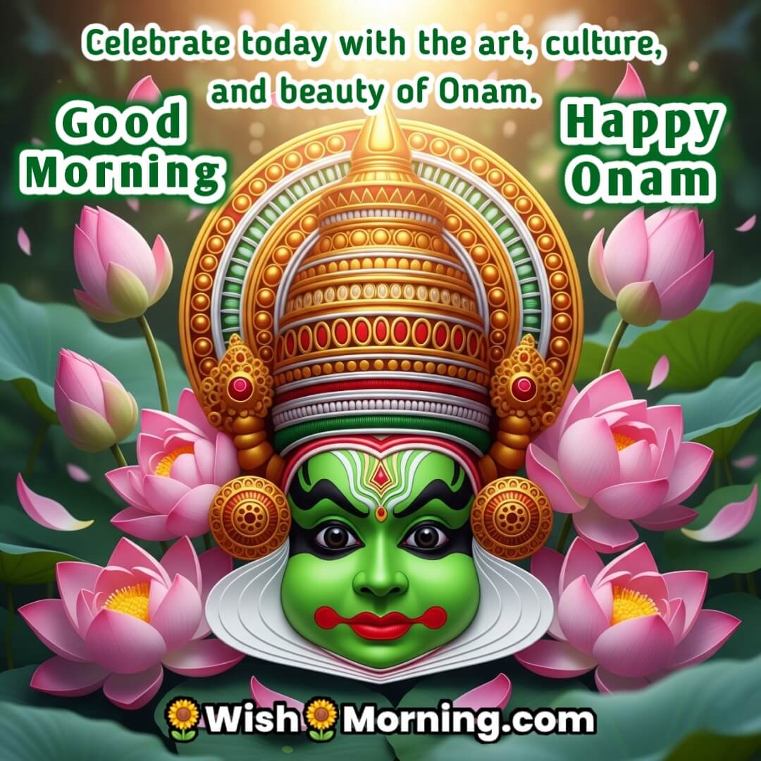 Good Morning image featuring a Kathakali mask with lotus flowers, symbolizing Kerala's cultural richness.