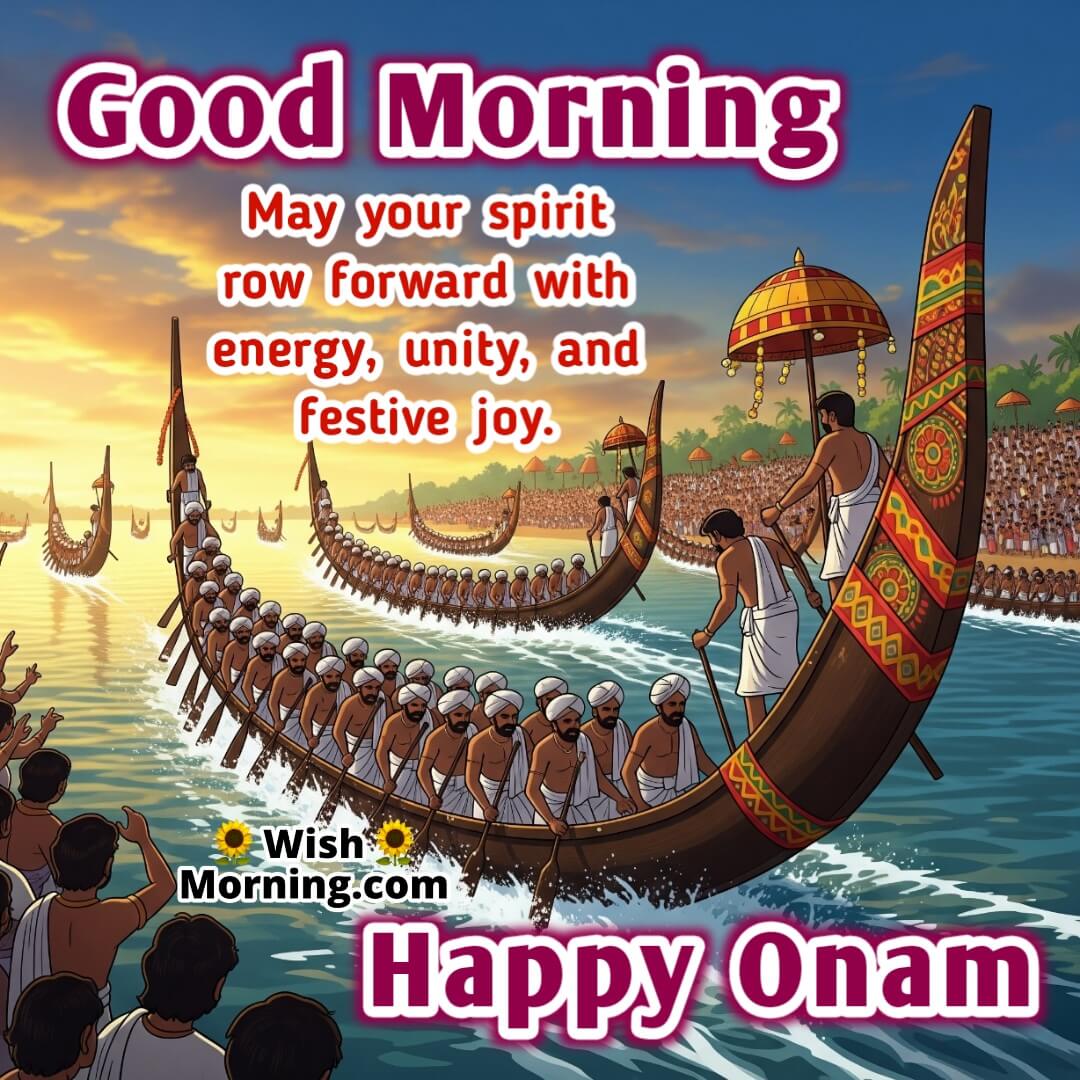 Good Morning image featuring a Vallamkali boat race with villagers cheering, symbolizing unity and spirit.