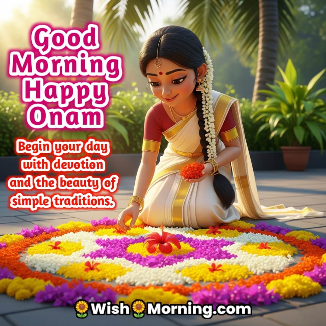 Good Morning image featuring a little girl placing flower petals in a pookalam, symbolizing devotion and cultural beauty.