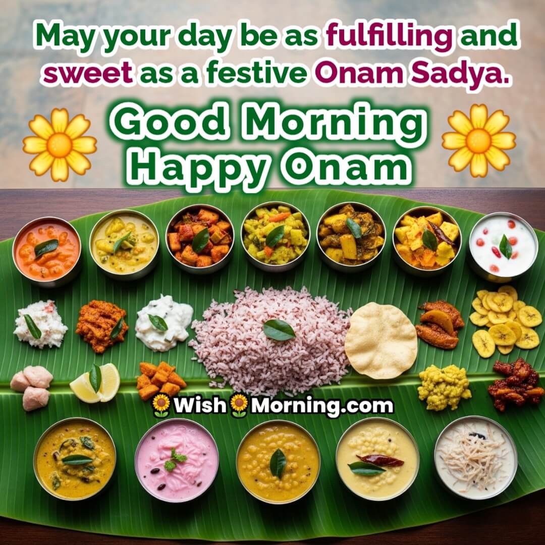 Good Morning image featuring an Onam Sadya on banana leaf, symbolizing fulfillment and festive joy.