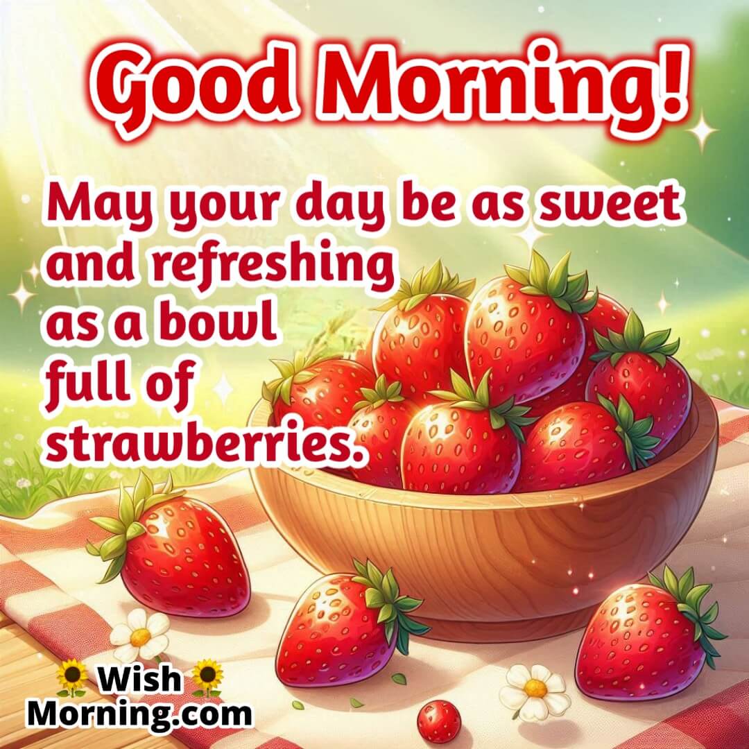 Good Morning Strawberry Image – fresh red strawberries with dew drops under soft sunlight, space for text.