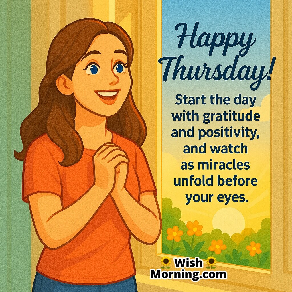 Grateful and Positive Thursday Morning featuring a woman near a sunny window with folded hands, symbolizing gratitude and positivity.