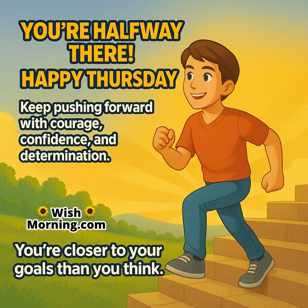 Halfway to Success Thursday Motivation featuring a person climbing stairs towards sunrise, symbolizing courage and confidence.
