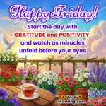 Happy Friday image of a steaming tea cup on a balcony table with flowers, glowing sunrise sky, and peaceful doves — symbolizing gratitude, positivity, and unfolding miracles.