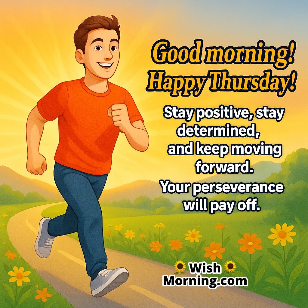 Happy Thursday Perseverance Quote featuring a man running on a road at sunrise, symbolizing determination and progress.