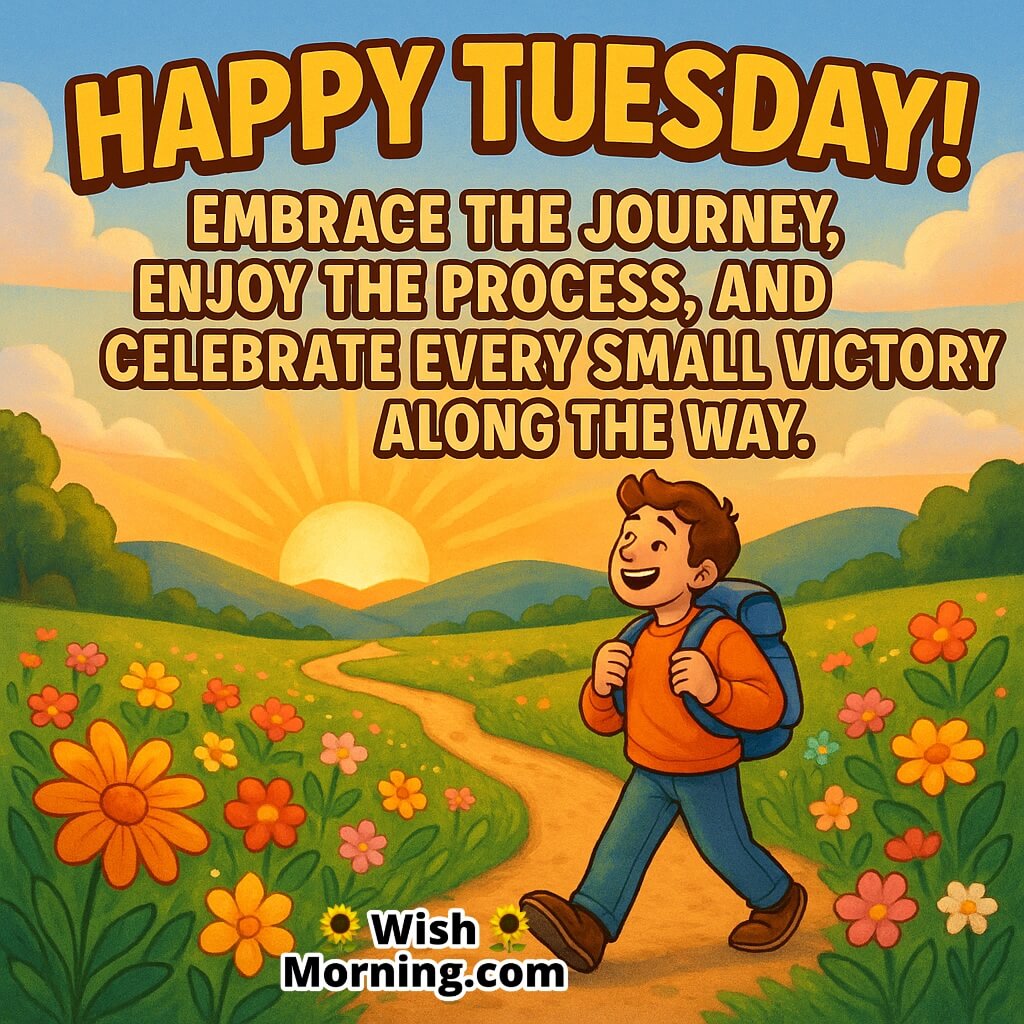 Happy Tuesday image featuring a person walking on a sunrise path with flowers and open sky, symbolizing progress and celebrating small victories