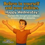 Happy Wednesday Believe In Yourself featuring a man on a hill at sunrise with open arms, symbolizing strength and self-belief.