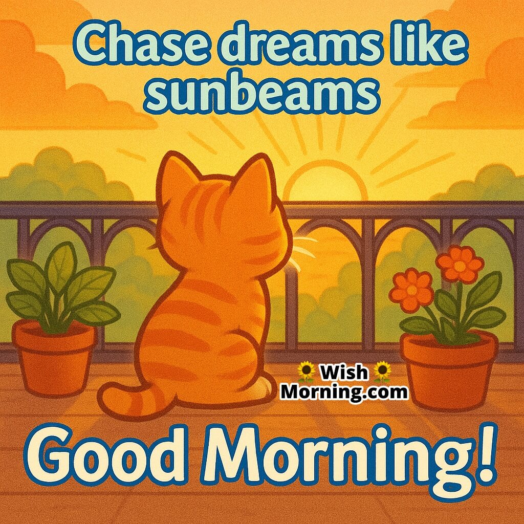 Good Morning image featuring a kitten gazing at the sunrise from a balcony, symbolizing hope and inspiring beginnings