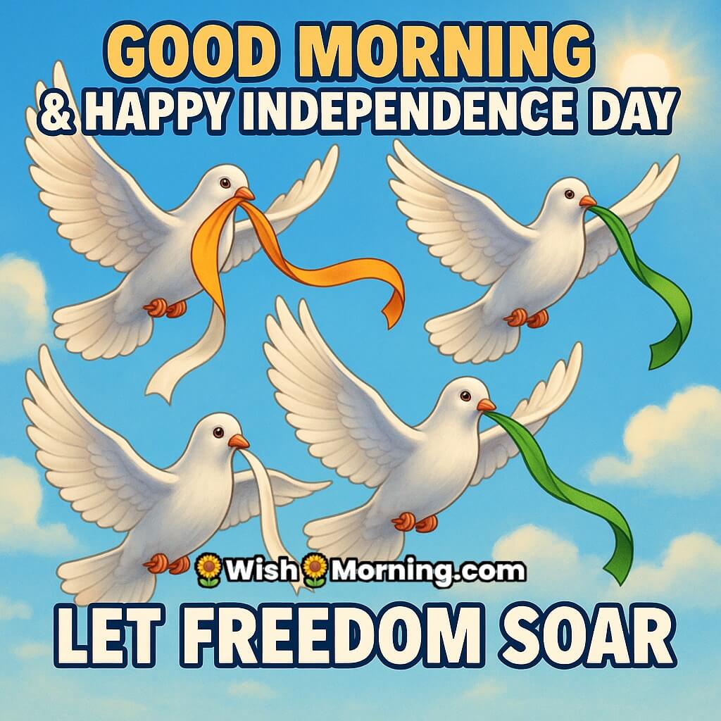 Inspiring Good Morning Happy Independence Day image featuring white doves flying with tricolor ribbons in a bright blue sky with morning sunlight, symbolizing hope and freedom
