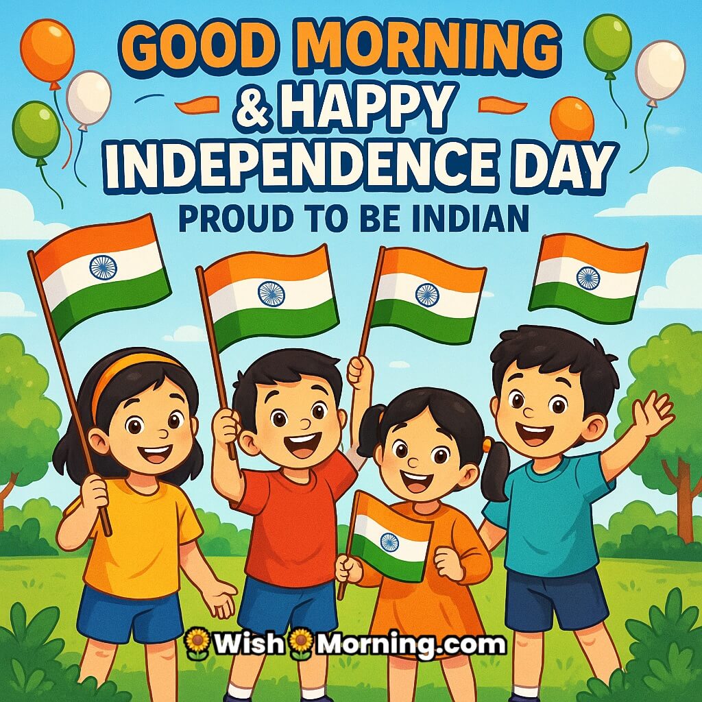 Joyful Good Morning Happy Independence Day image featuring smiling children in traditional clothes holding Indian flags with balloons in saffron, white, and green under a sunny morning sky, symbolizing national pride and unity