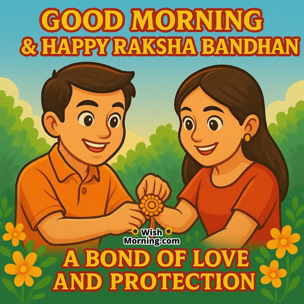Good Morning Happy Raksha Bandhan image featuring a sister holding a decorated rakhi thali with her brother smiling beside her, symbolizing sibling love and lifelong protection