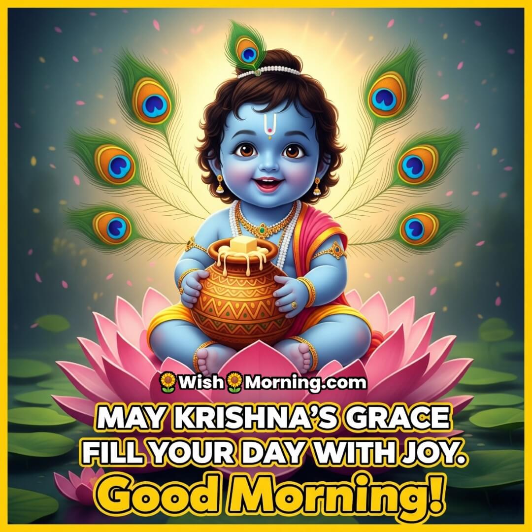 Good Morning Krishna Janmashtami image featuring Baby Krishna sitting on a lotus with butter pot and peacock feathers, symbolizing divine blessings and joy