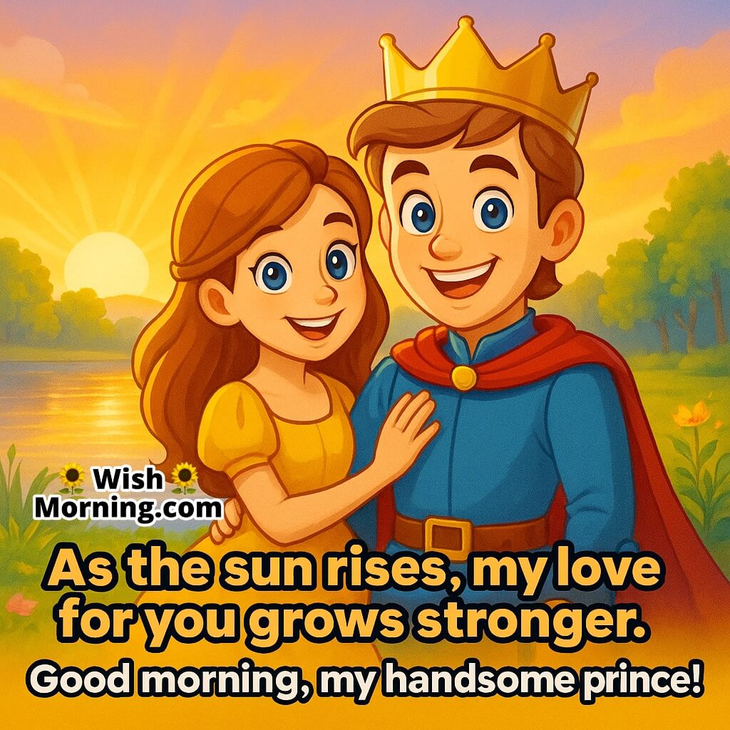 Love That Grows Stronger Each Morning featuring a couple at sunrise near a lake, boy shown as prince, symbolizing devotion and strength.
