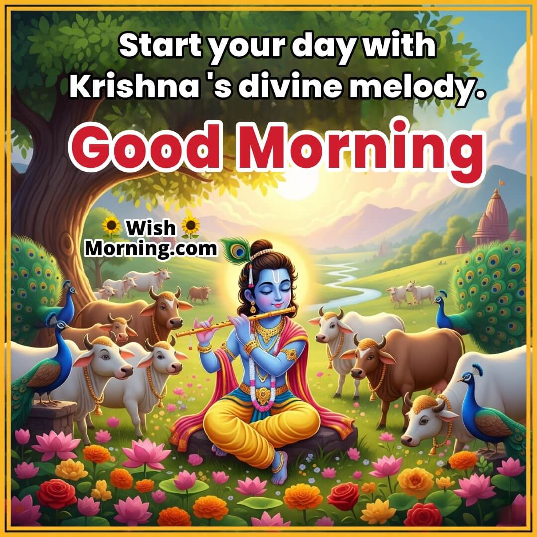 Good Morning Krishna Janmashtami image featuring Lord Krishna playing flute in Vrindavan with cows and peacocks, symbolizing peace and divine music