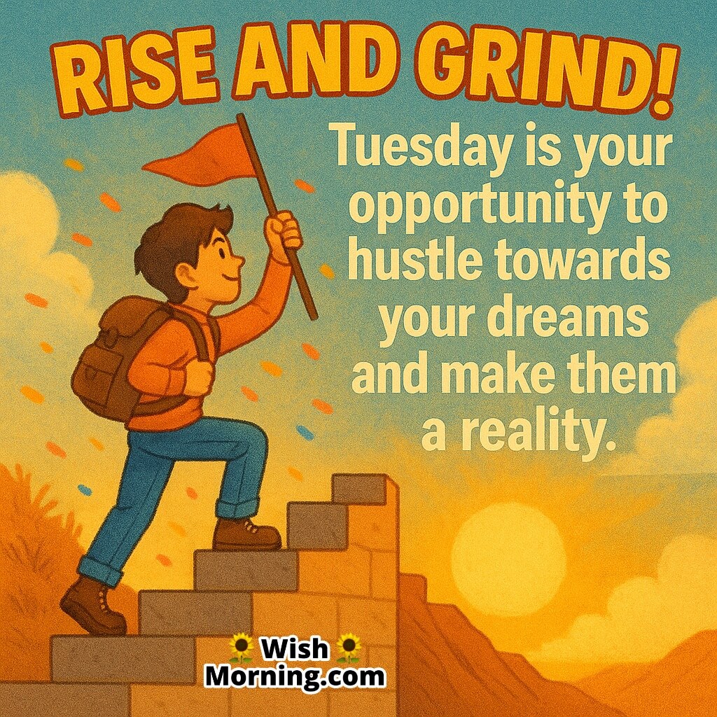 Happy Tuesday image featuring a person climbing steps toward sunrise with a flag, symbolizing energy, dreams, and determination