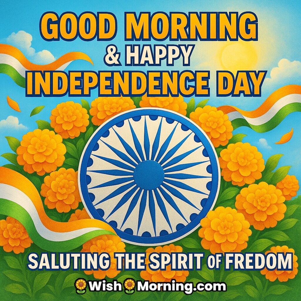 Patriotic Good Morning Happy Independence Day image featuring the Ashoka Chakra surrounded by marigold flowers and tricolor ribbons in sunlight, symbolizing the spirit of freedom