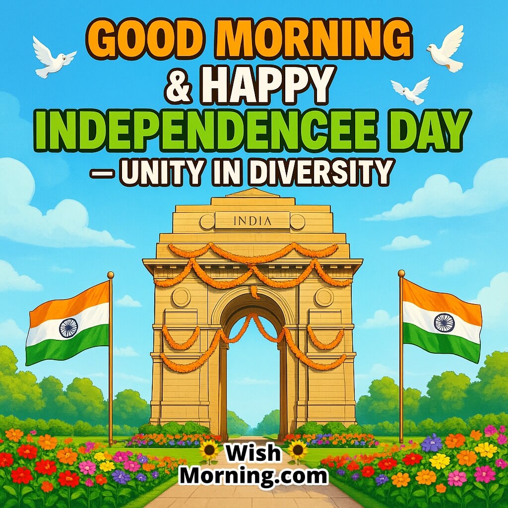 Peaceful Good Morning Happy Independence Day image featuring India Gate decorated with garlands and flags under a clear sunny sky with doves flying above, symbolizing unity in diversity