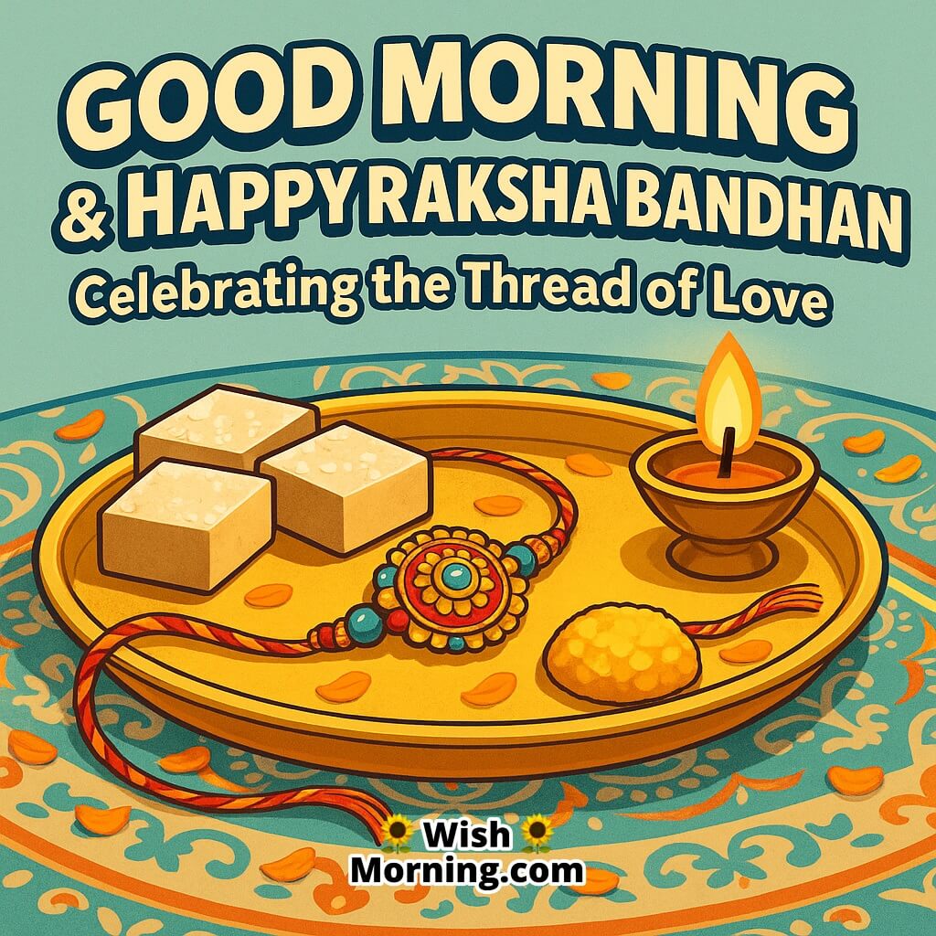 Good Morning Happy Raksha Bandhan image featuring a rakhi thali with sweets and diya in bright daylight, symbolizing the sacred thread of love and blessings
