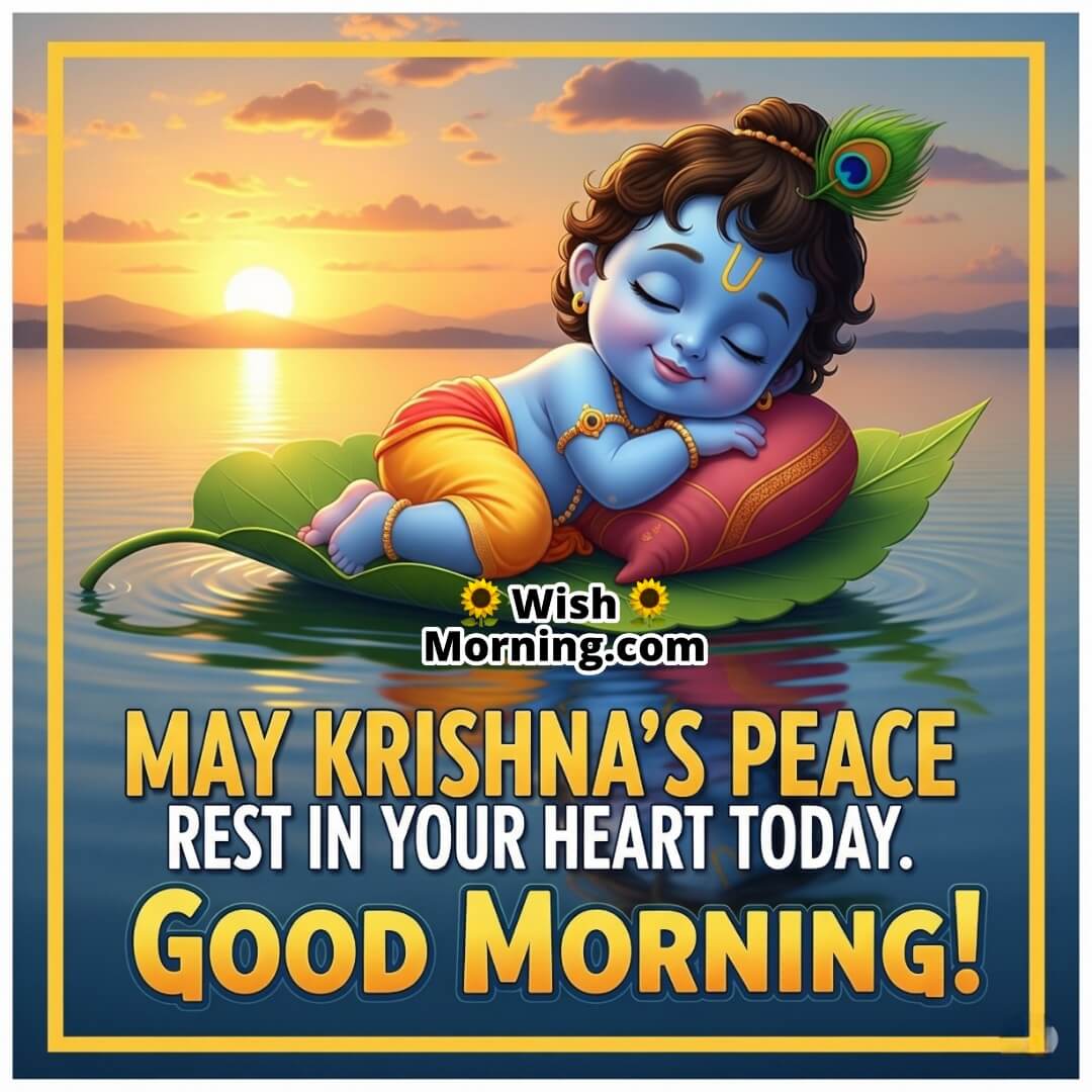 Good Morning Krishna Janmashtami image featuring Baby Krishna sleeping on a banyan leaf with sunrise, symbolizing peace and divine calm