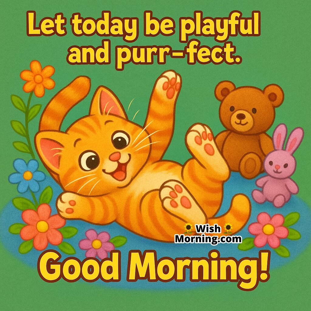 Good Morning image featuring a happy kitten rolling over flowers and toys, symbolizing fun, joy, and carefree beginnings