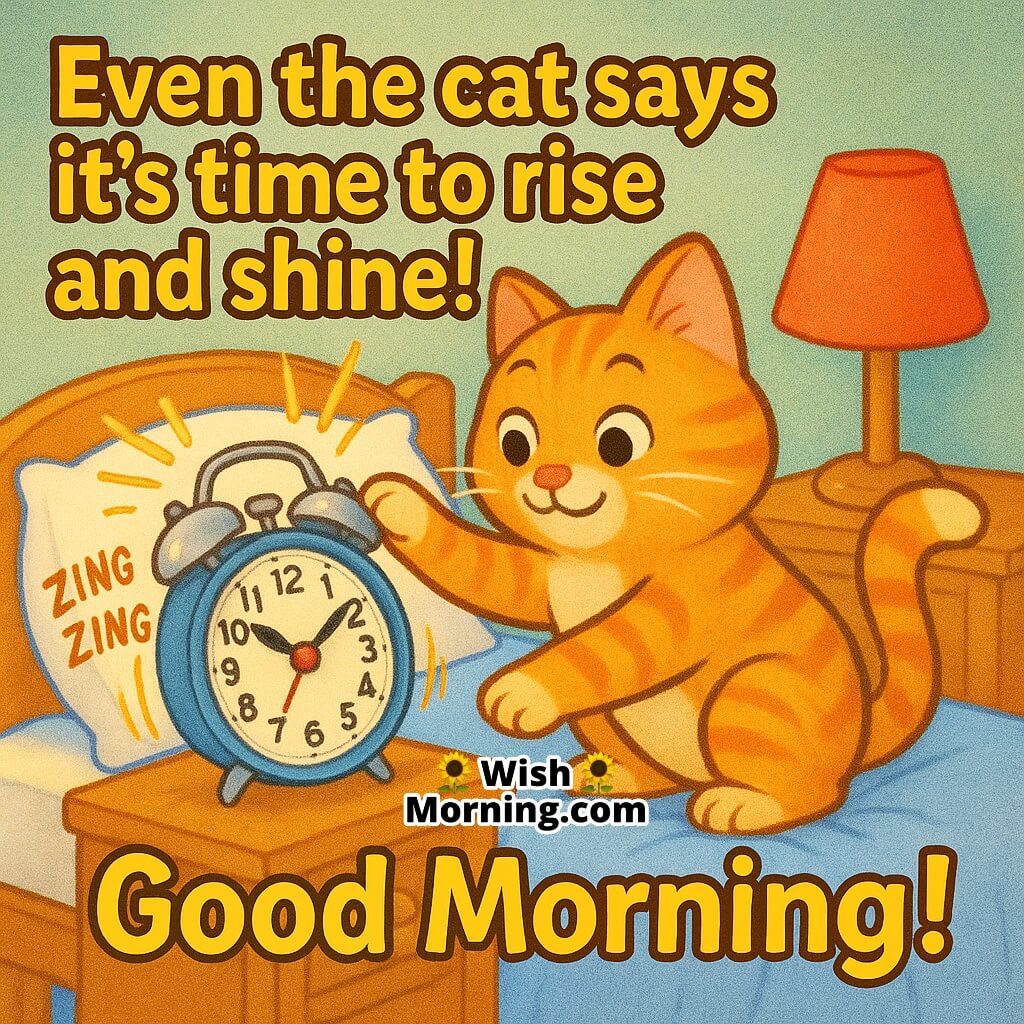 Good Morning image featuring a cat pawing at a ringing alarm clock, symbolizing energy, timing, and cheerful wake-up