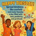 Happy Tuesday image featuring joyful people throwing colorful confetti under bright sky, symbolizing kindness, gratitude, and positivity