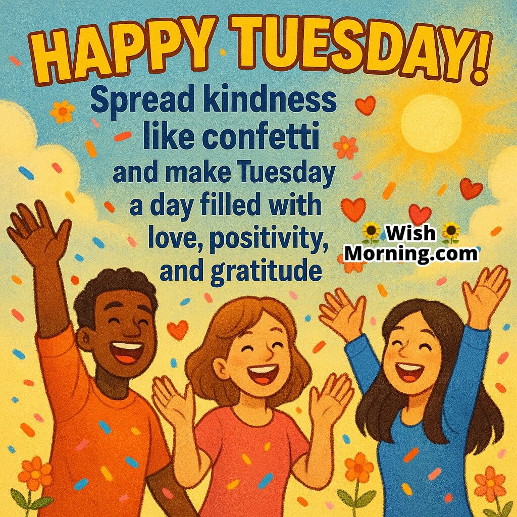Happy Tuesday image featuring joyful people throwing colorful confetti under bright sky, symbolizing kindness, gratitude, and positivity