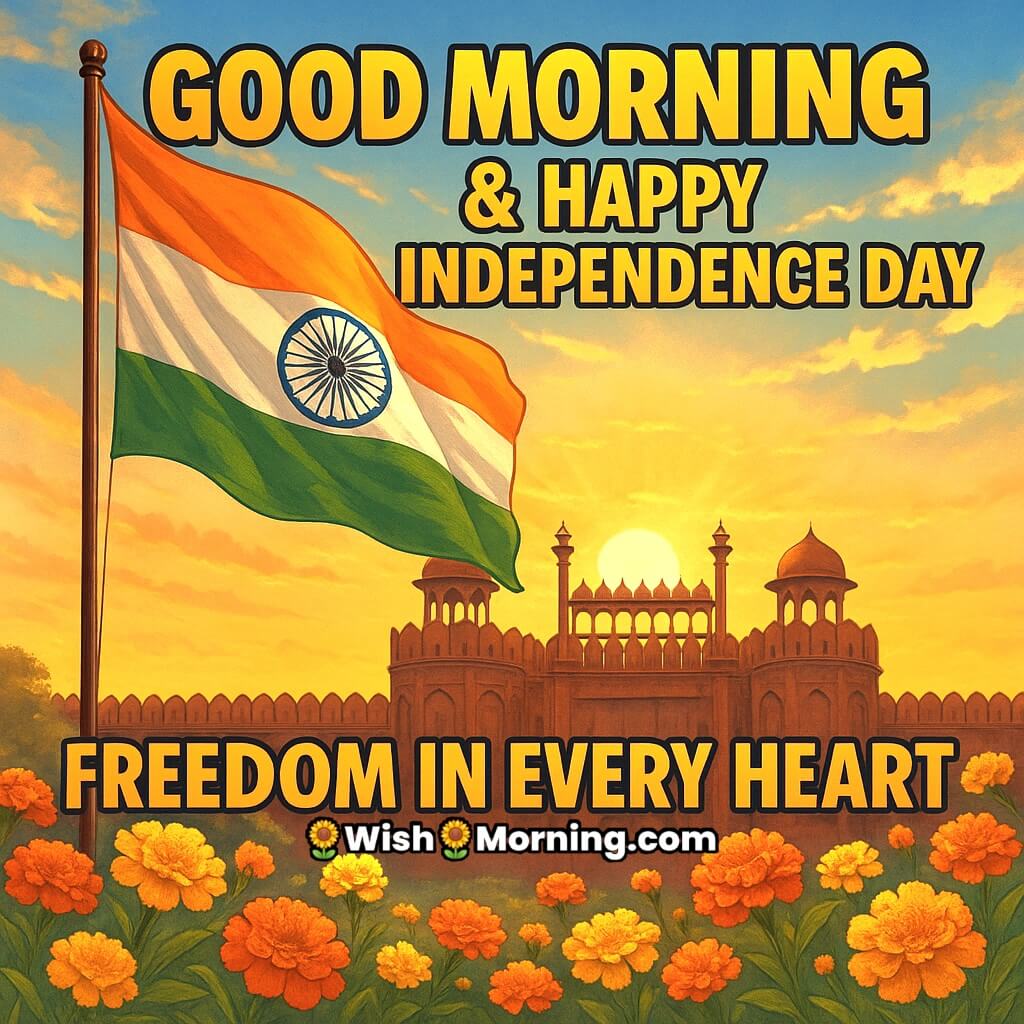 Proud Good Morning Happy Independence Day image featuring the Indian flag waving over the Red Fort at sunrise with marigold flowers in the foreground, symbolizing freedom and patriotism