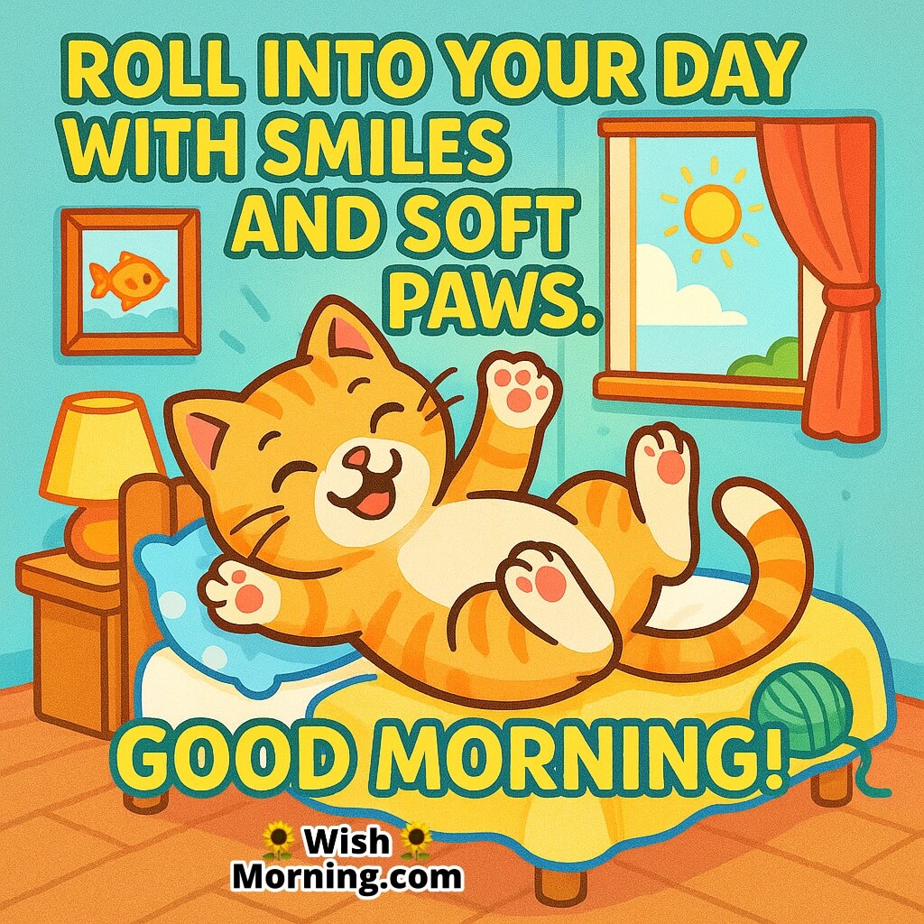 Good Morning image featuring a relaxed cat lying belly-up on a bed, symbolizing ease, comfort, and gentle awakening