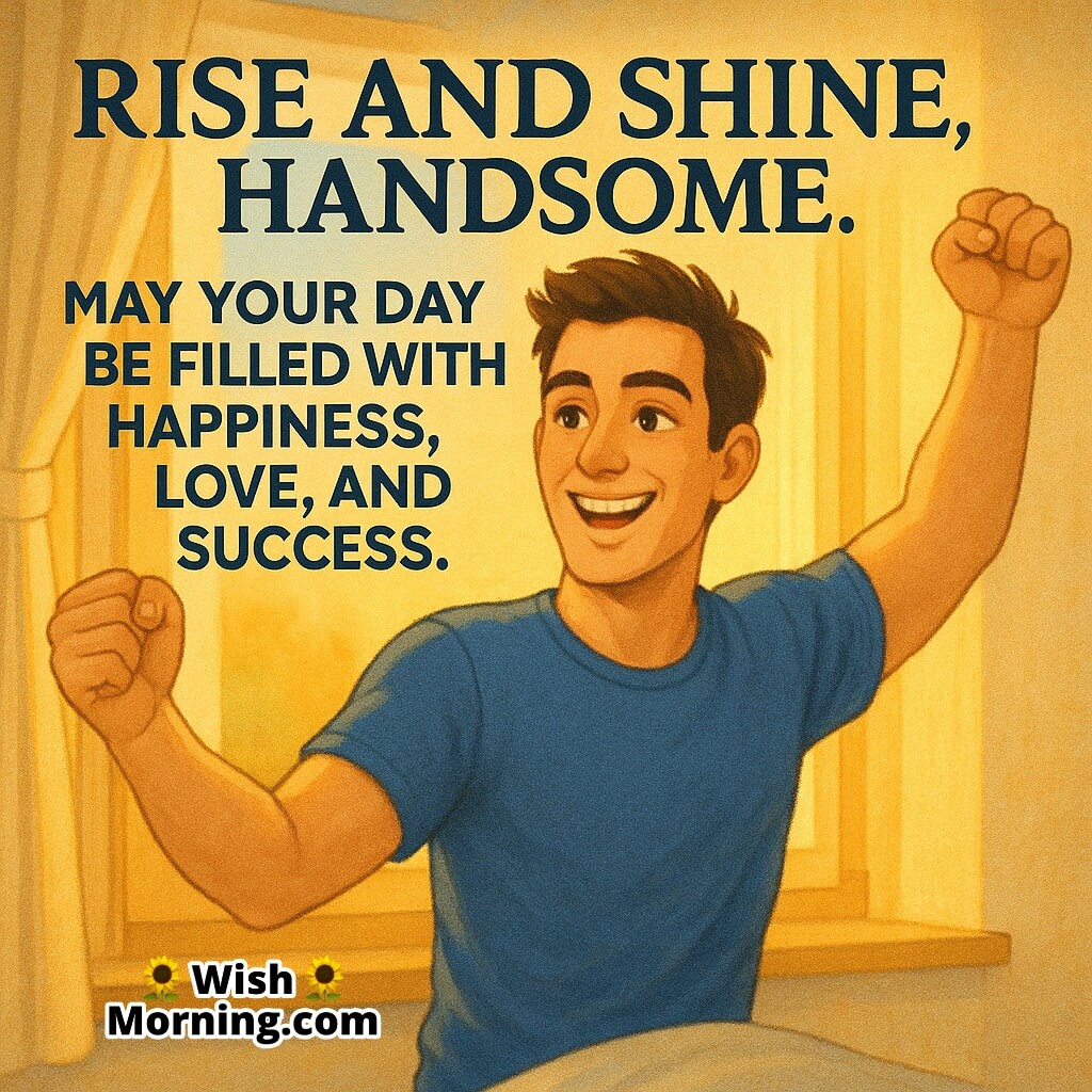 Rise and Shine Morning for My Handsome Guy featuring a smiling man stretching near a sunny window, symbolizing energy and positivity.