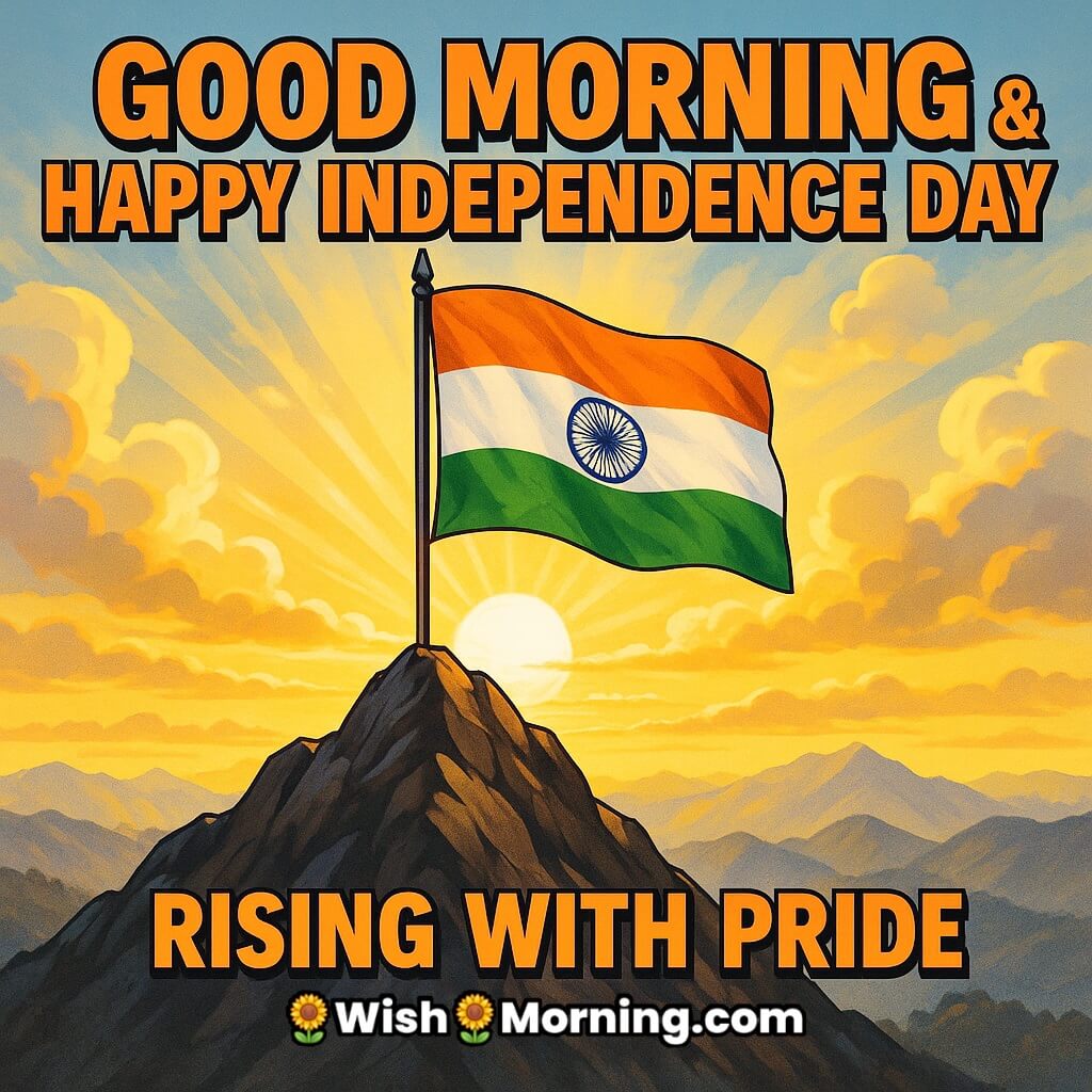 Rising Good Morning Happy Independence Day image featuring the Indian flag on a mountain peak with golden morning sunlight shining behind, symbolizing pride and achievement