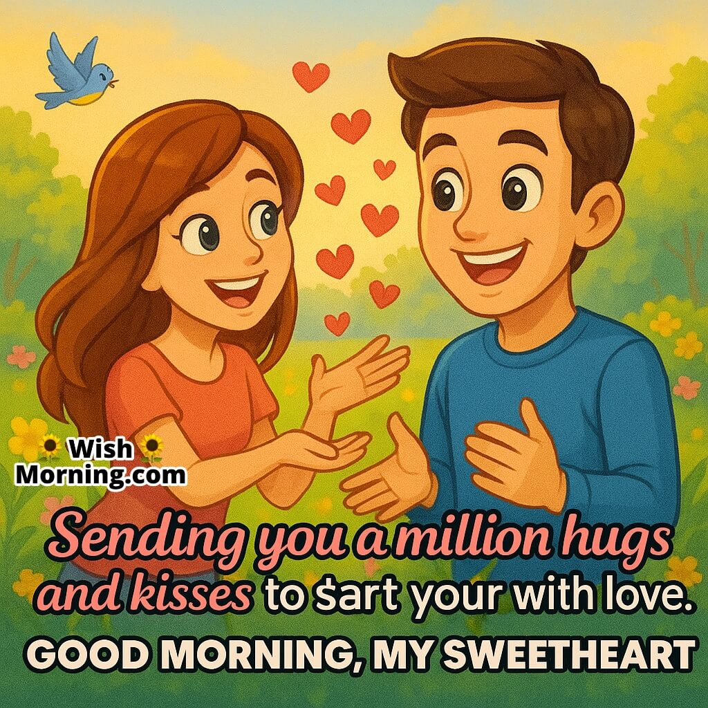 Sending You Morning Hugs and Kisses featuring a girl sending flying hearts and kisses, symbolizing romance and affection.