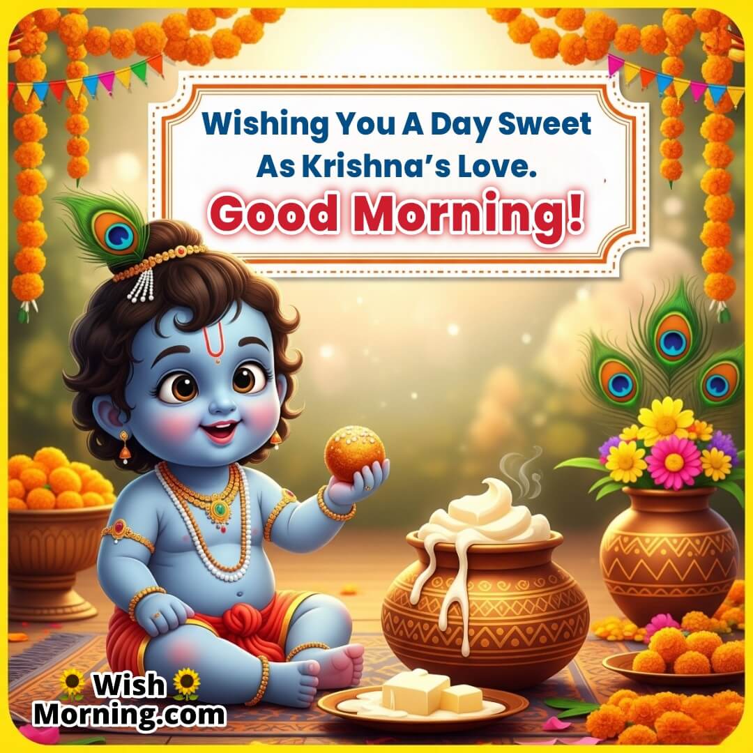 Good Morning Krishna Janmashtami image featuring Baby Krishna with ladoo and butter handi, symbolizing sweetness and love