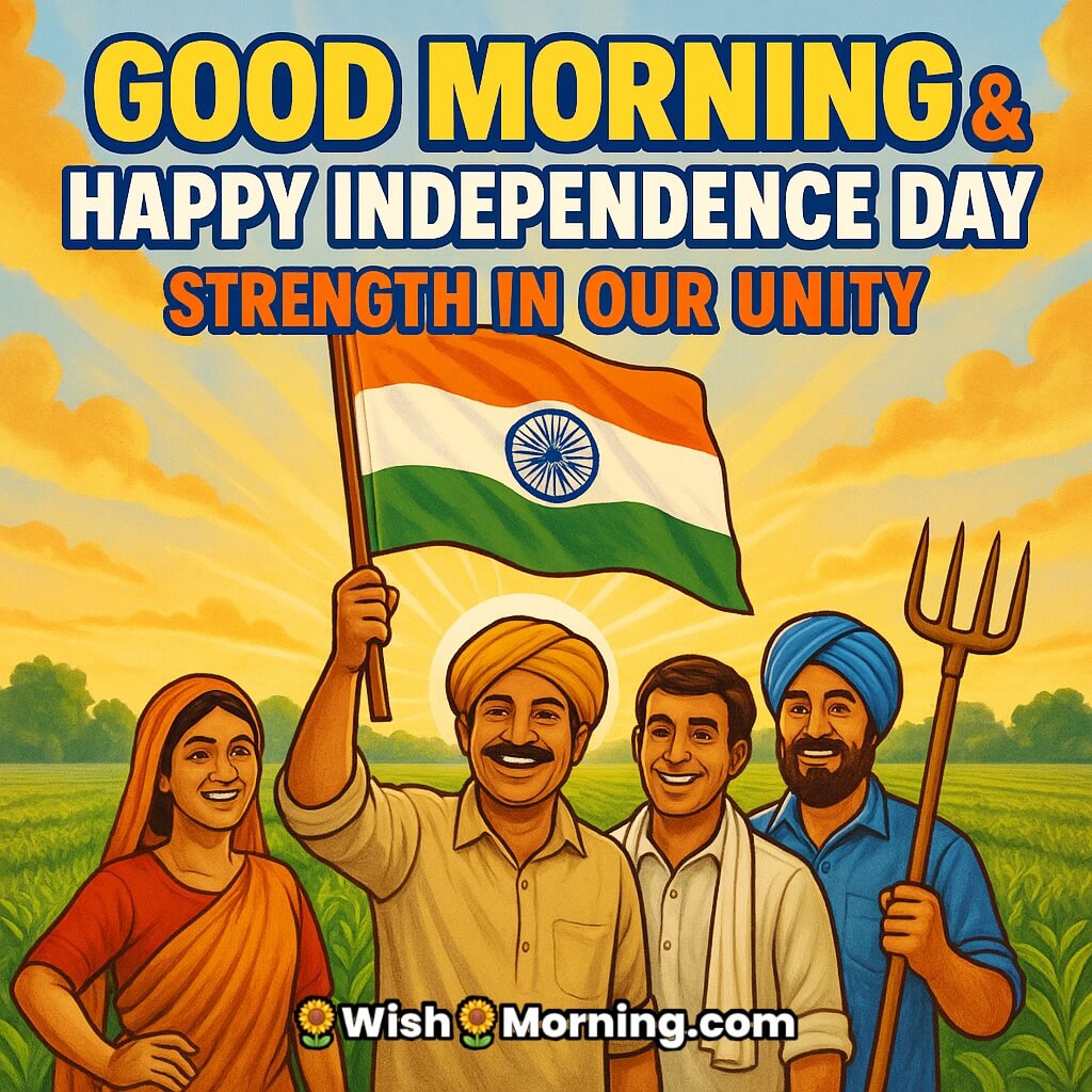 United Good Morning Happy Independence Day image featuring farmers and workers holding the national flag in a lush green field with the morning sun behind them, symbolizing strength in unity
