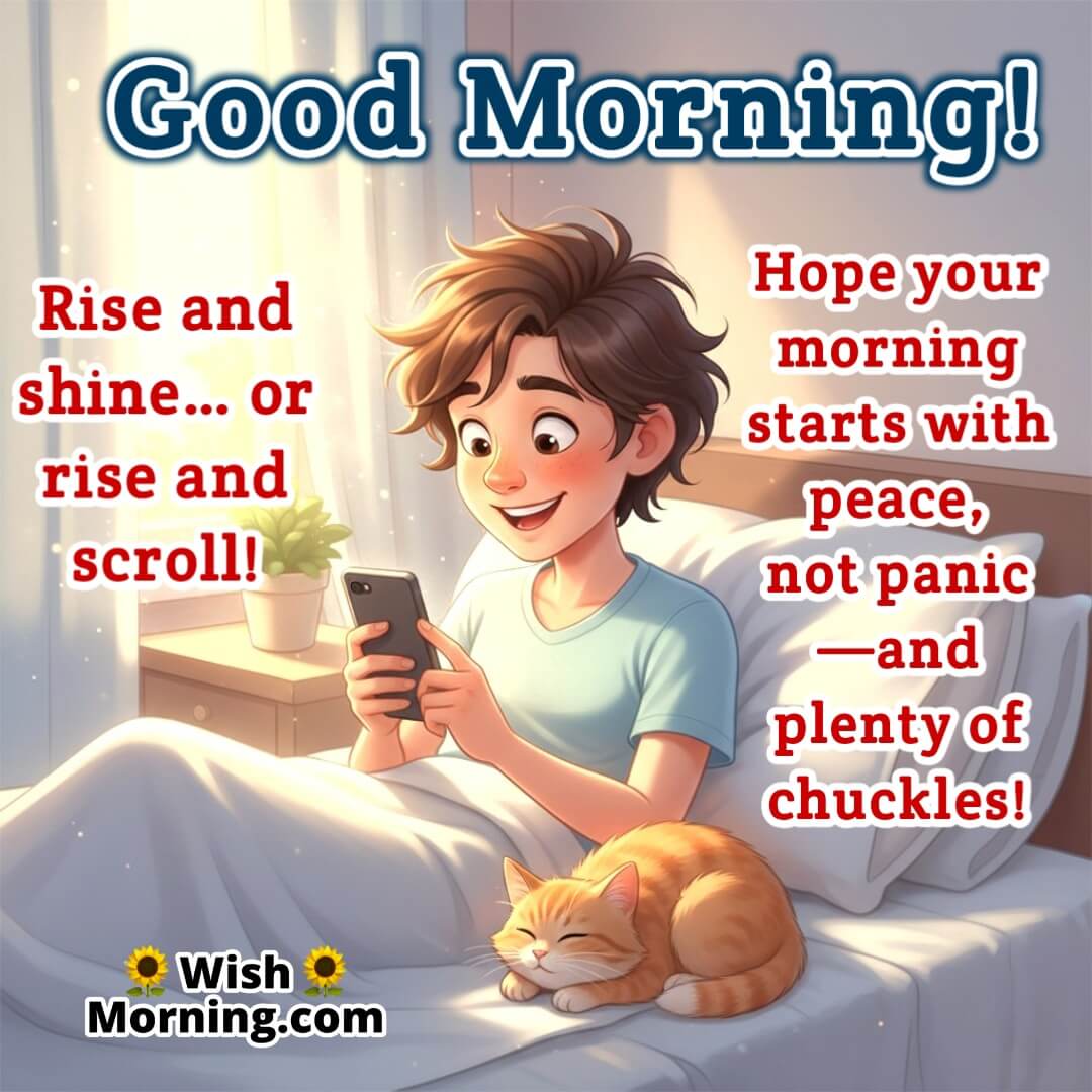Good Morning image featuring someone in bed scrolling their phone with a smile, symbolizing modern habits and calm starts.