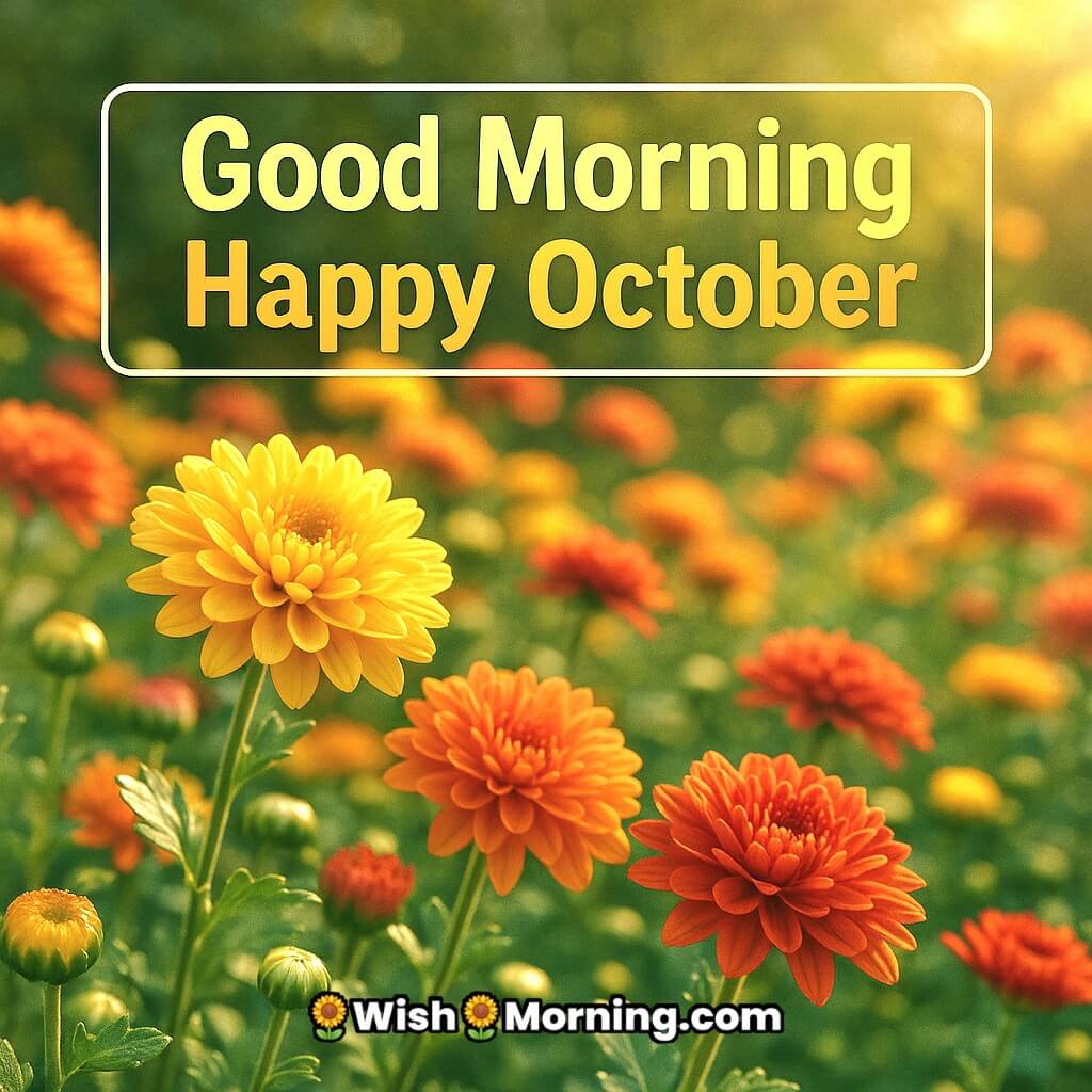 Good Morning Happy October image featuring colorful chrysanthemums in yellow, orange, and red blooming under soft morning sunlight, symbolizing joy and fresh beginnings in October.