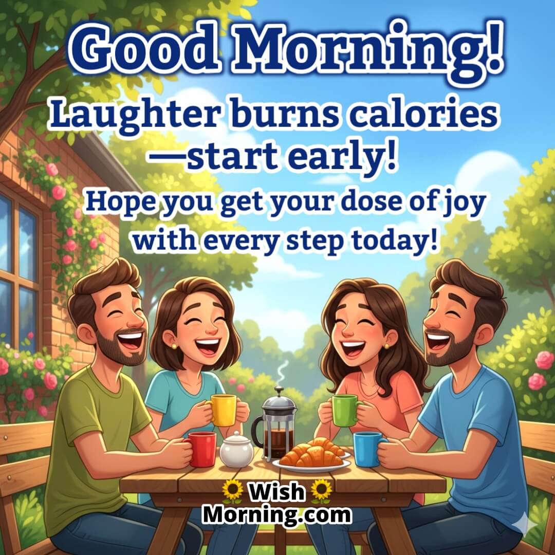 Good Morning image featuring friends laughing over morning coffee in a colorful kitchen garden, symbolizing joy and cheerful vibes.