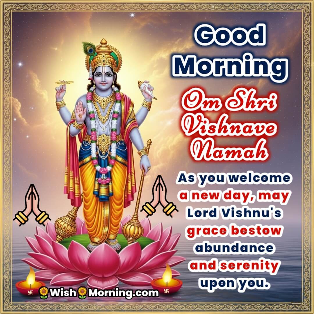 Good Morning Lord Vishnu Message featuring Vishnu standing on a lotus with ornaments and gems, symbolizing abundance and serenity for a fresh start to the day