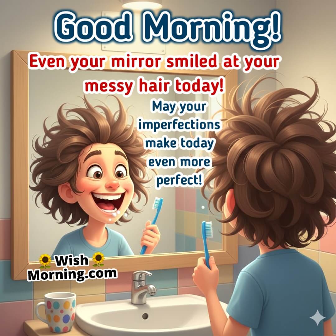 Good Morning image featuring a person with bedhead laughing at their reflection, symbolizing acceptance and lighthearted self-love.