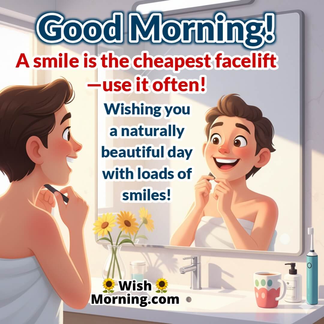 Good Morning image featuring a smiling person looking in the mirror in a cozy morning setup, symbolizing self-care and positivity.