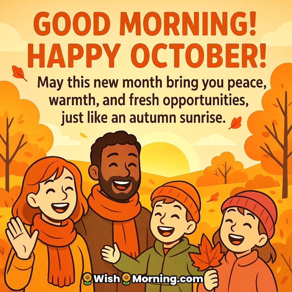 Happy October Good Morning Wish featuring smiling friends in autumn park with sunrise and falling leaves symbolizing peace warmth and fresh opportunities