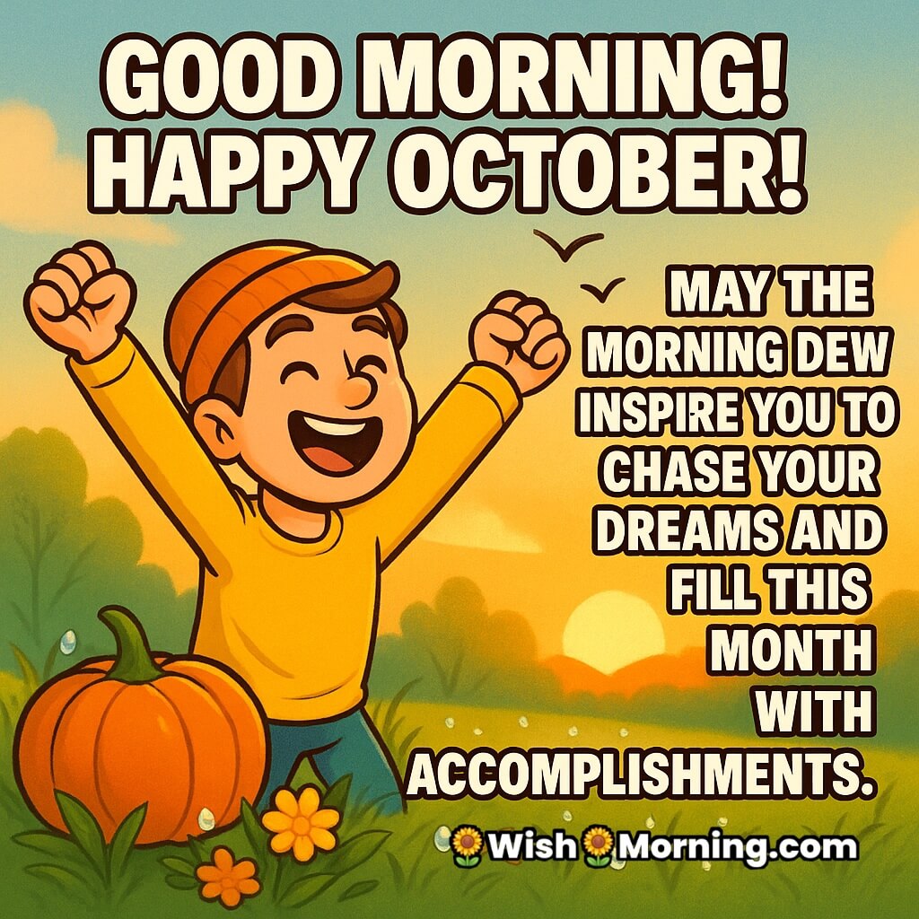Happy October Good Morning wish image featuring a cheerful character with pumpkin, sunrise, and dew-kissed flowers symbolizing dreams, accomplishments, and fresh inspiration.